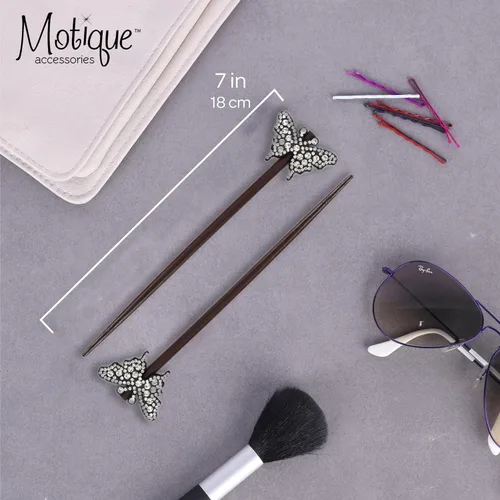 Vista 3 de Juego de palitos para el cabello con gemas mariposas (marrón)