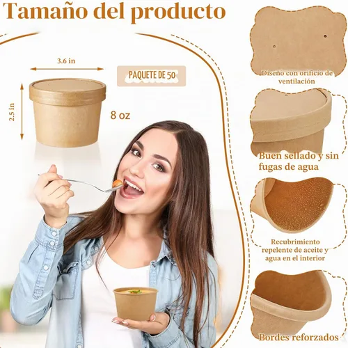 Vista 3 de Sabary Paquete de 50 Recipientes de Papel para Sopa de 8 oz con Tapa Desechables de Papel Kraft Recipientes para Comida Aptos para Microondas