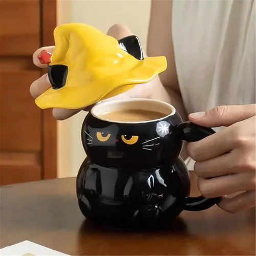 Vista 3 de Taza de café de cerámica, diseño de gato negro, hecho a mano, con sombrero de mago, tapa, asa, oficina, hogar, chocolate caliente con leche, regalos