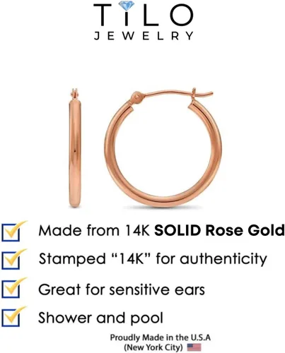 Vista 4 de Aretes de aro redondos pulidos clásicos de oro rosa de 14 quilates, tubo de 0.079 in