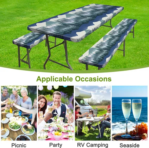 Vista 6 de ICOSY Mantel de picnic con fundas de banco de 30 x 72 pulgadas, resistente al viento, mantel rectangular ajustable para mesas de 6 pies, accesorios
