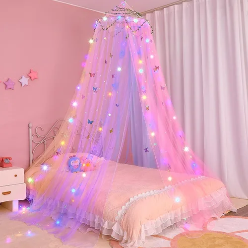 Vista 9 de FIOBEE Toldo de Cama para Habitación de Niñas, Cortinas de Dosel con Luces LED, Mosquitero con Red de Malla, Decoración DIY de Habitación