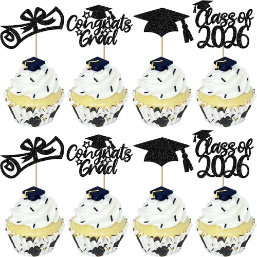 Vista 26 de Paquete de 24 adornos para cupcakes de graduación 2025 con purpurina I Am Done Diploma Felicidades Graduado Cap Cupcake Picks Class Of 2025