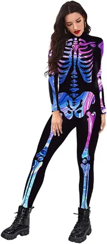 Vista 20 de Sister Amy Disfraz de esqueleto de calavera para mujer de Halloween, traje ajustado de una pieza J-colorido esqueleto