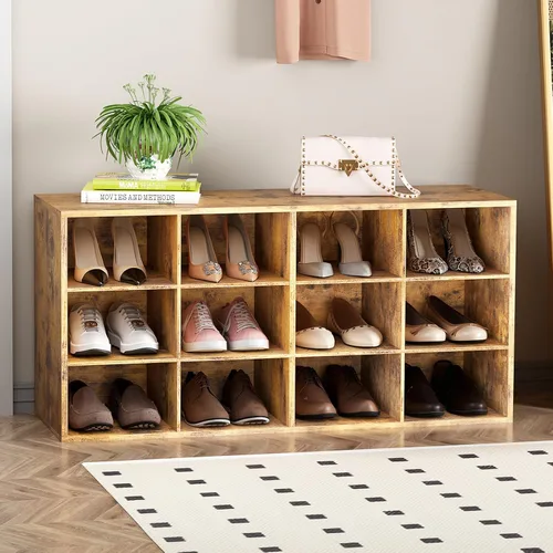 Vista 11 de Garden 4 you Banco de almacenamiento de zapatos, zapatero con 9 cubículos, organizador de zapatos de madera de 3 niveles, armario organizador