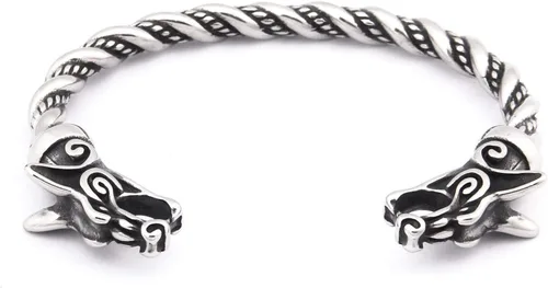 Vista 2 de BAVIPOWER Pulsera de acero inoxidable escandinavo de doble lobo vikingo, Metal, n