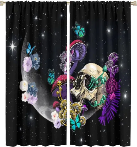 Vista 17 de Cortinas góticas de bosque de cuervos, para Halloween, espeluznante, negro, cuervo negro, alas oscuras, suspenso, bolsillo para barra, cortinas