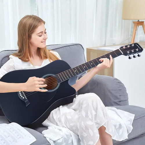 Vista 6 de Guitarra acústica negra de 38 pulgadas, kit para principiantes de guitarra acústica para adultos, juego de iniciación con bolsa acolchada, correa