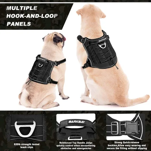 Vista 4 de Arnés BARKBAY táctico para perro grande, arnés tipo chaleco para perro pesado, para servicio militar, chaleco MOLLE para perro de trabajo