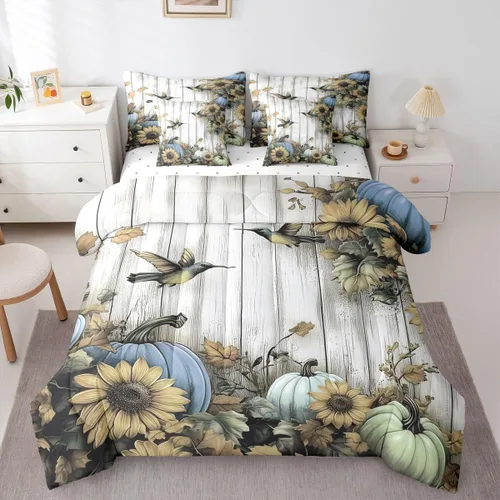 Vista 27 de Feelyou Fall Pumpkin Comforter Set with Sheets 7 Piece Twin Size Autumn Bed in a Bag Kids Boys Girls Pumpkin Maple Leaf Bedding Set Hummingbird Beig