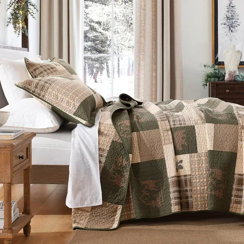 Vista 3 de SahSahCasa Juego de edredón de 100 % algodón, tamaño Queen, reversible, rústico, cabaña, edredón ligero para cama Queen, 3 piezas, beige/verde