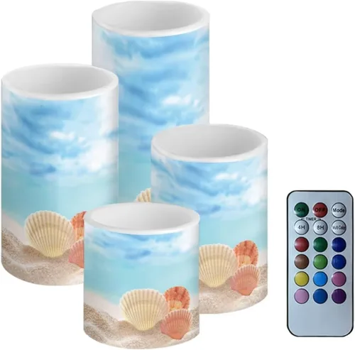 Vista 19 de Velas LED parpadeantes operadas por batería, juego de 4 con control remoto y temporizador, velas de llama danzante, velas de pilar para mesa, Playa