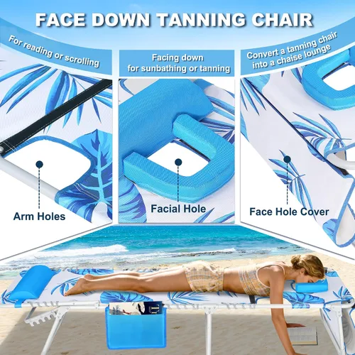 Vista 9 de Luxfero Sillón de playa 3 en 1 con paraguas, silla de bronceado solar con orificio para la cara y reclinable de 5 posiciones, silla plegable