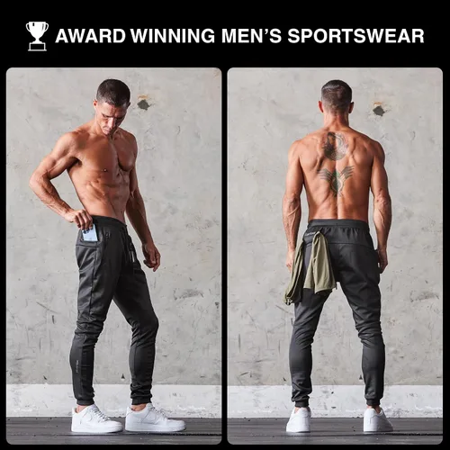 Vista 4 de Born Tough Pantalones deportivos de entrenamiento ajustados para hombre, para fisicoculturismo, gimnasio, pantalones deportivos con bolsillos