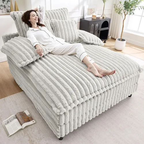 Vista 11 de WESTSETLUX Tumbona extragrande de 54.8 pulgadas de ancho para interiores con respaldo ajustable de 5 posiciones, sofá cama de pana con 3 almohadas