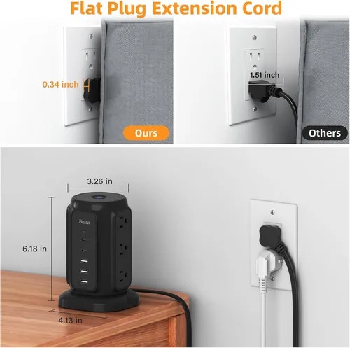 Vista 2 de Regleta de enchufe plano ultradelgada de 6.5 pies 9 Outlets and 5 USB Ports (2 USB C), 1200J Surge Protector, Ultra Thin Extension Cord, 45°