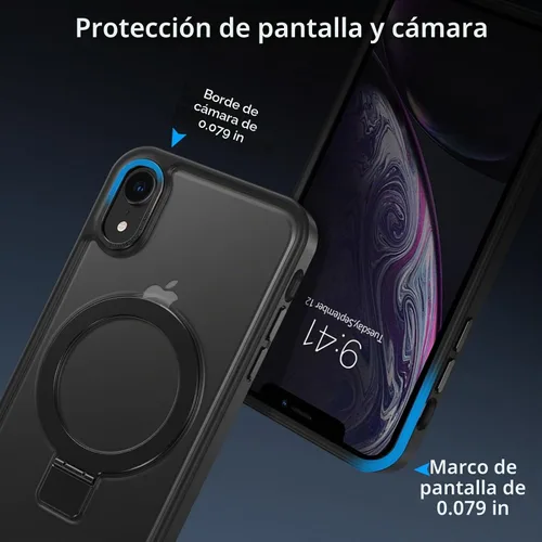 Vista 9 de DUEDUE Funda magnética para iPhone XR con soporte de anillo [compatible con Magsafe], funda protectora de cuerpo completo, delgada, a prueba de Negro