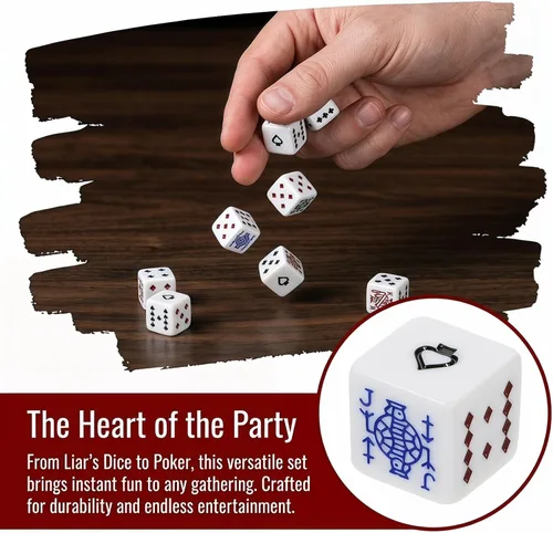 Vista 5 de Juego de dados de póquer acrílico blanco, 0.630 in, dados duraderos de 6 caras para juegos de cartas, mentirosos, fiestas, entretenimiento