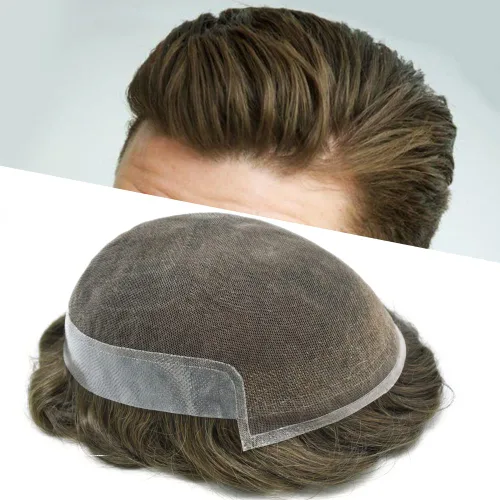 Vista 30 de Tupé para hombre con encaje suizo para hombre, sistema de reemplazo de cabello humano real, extensiones de nudo blanqueado para prótesis de cabello