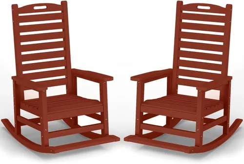Vista 9 de PLUUV Silla mecedora de exterior con reposapiés extraíble para adultos, sillas mecedoras de patio de respaldo alto HDPE, sillas mecedoras de porche