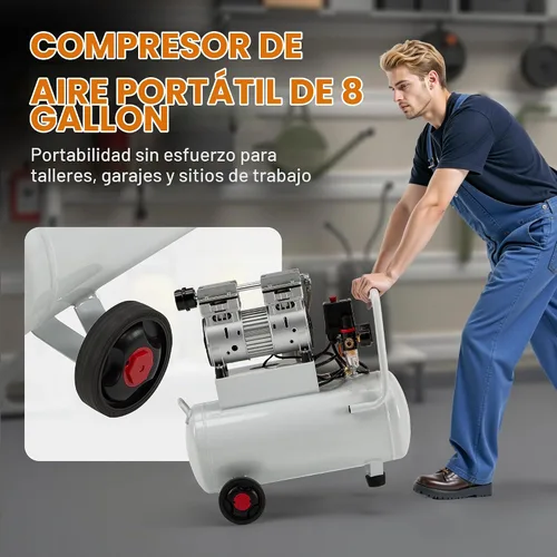 Vista 7 de Albott Compresor de aire de 8 galones con válvula de drenaje automática, tanque de compresor de aire sin aceite de 1.0 HP con ruedas, nivel de ruido