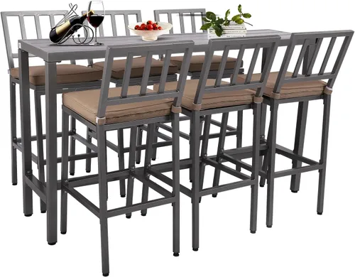 Vista 11 de Sillas y mesa de bar para exteriores, juego de bar de metal para patio, 3 piezas con taburetes y cojines, patio trasero, porche, bistró, balcón Negro