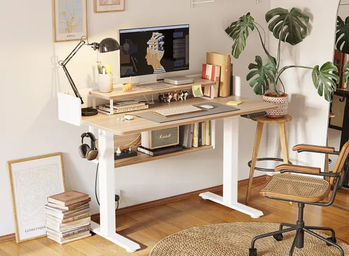 Vista 18 de FEZIBO Escritorio de pie de 48 x 24 pulgadas con altura ajustable, escritorio eléctrico de pie con doble cajón, escritorio de oficina en casa con 4