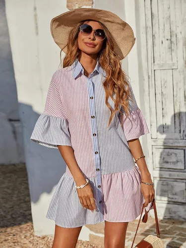 Vista 5 de WDIRARA Vestido corto a rayas con dobladillo de media manga y volantes para mujer