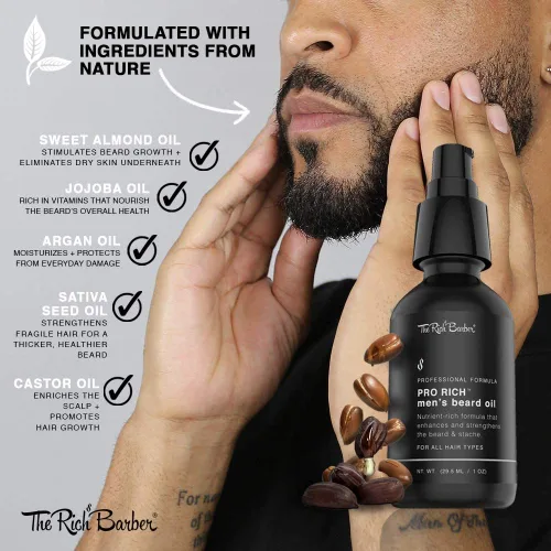 Vista 3 de The Rich Barber Pro Rich - Aceite de barba para hombre, 1 onza, suaviza la barba y promueve el crecimiento espeso con aceite de ricino, aceite