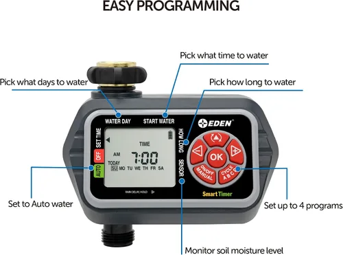 Vista 6 de Eden 93411 Temporizador digital de agua de 1 zona con pantalla LCD, sistema de rociadores programable, riego manual, retardo de lluvia