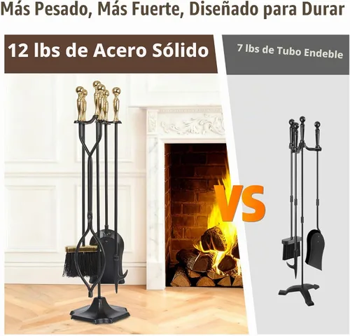 Vista 3 de Juego de herramientas para chimenea de AMAGABELI GARDEN & HOME, 5 piezas, mango dorado, de hierro forjado, con soporte, incluye pinzas, pala