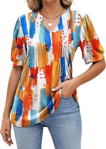 Vista 14 de Camisetas de verano con cuello en V para mujer, de manga corta, estilo casual, a la moda Negro