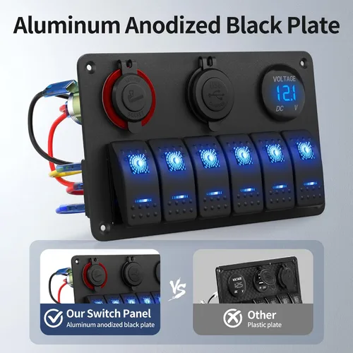 Vista 3 de RVBOATPAT Panel de interruptor marino de 6 bandas Panel de interruptor de barco impermeable Interruptor basculante de 12 V Panel de interruptor azul