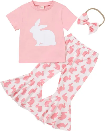 Vista 3 de YINGISFITM Conjunto de 2 piezas de camiseta de manga corta con estampado de conejito para bebé niña, pantalones acampanados, ropa de verano Camisa
