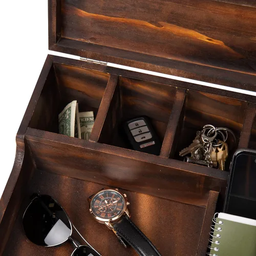 Vista 6 de Mind Reader Bali Collection, bandeja de valet de 7 compartimentos con tapa con bisagras para teléfono celular, relojes, joyas y accesorios, 10