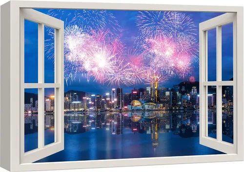 Vista 11 de wall26 - Cuadro en lienzo para pared, vista de ventana, celebración del 4 de julio, fuegos artificiales en el puerto de NYC, celebraciones