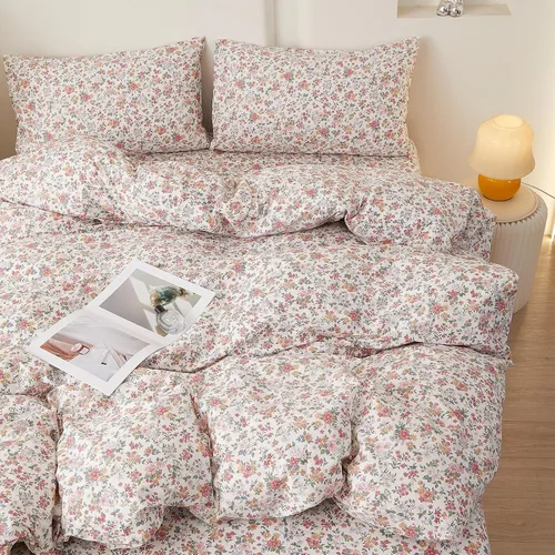 Vista 15 de Juego de funda de edredón blanca con estampado floral azul, juego de ropa de cama de algodón suave estilo bohemio, juego de ropa de cama estética