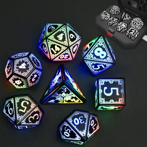 Vista 7 de HTPOW Juego de dados LED DND, 7 dados poliédricos USB recargables para RPG Blanco cálido