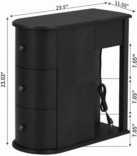 Vista 2 de Henf Wooden Narrow Side Table w/Charging Station&Hidden Cup Holders,Black Black-3 Drawers