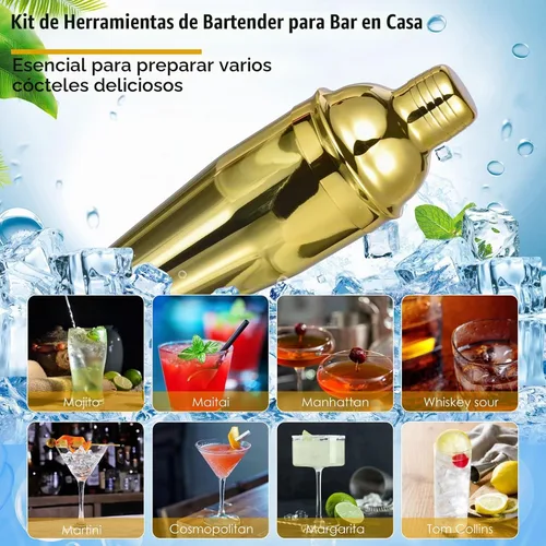 Vista 5 de Kit de Barman con elegante soporte de bambú, juego de coctelera de 12 piezas de 25 onzas para bebidas mixtas, juego de herramientas profesionales