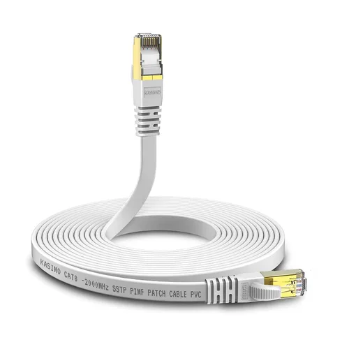 Vista 10 de KASIMO Cable Ethernet plano Cat 8 de 1 pie, cable de red LAN de Internet plano de alta velocidad Cat8 de 40 Gbps 2000 MHz SSTP con conector RJ45