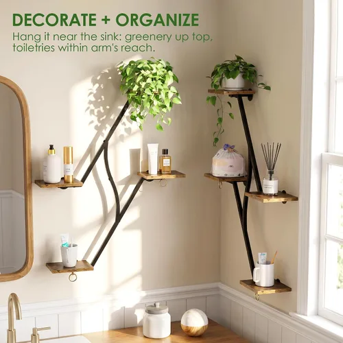Vista 6 de Wall Plant Shelf, 2 Pack 3-Tier Plant Stand with Hanging Rings, Black