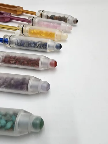 Vista 7 de Chakra - Juego de 8 diapasones ponderados con gema acrílica fusionada, varita extraíble para masaje de aceite, acupresión, terapia alternativa