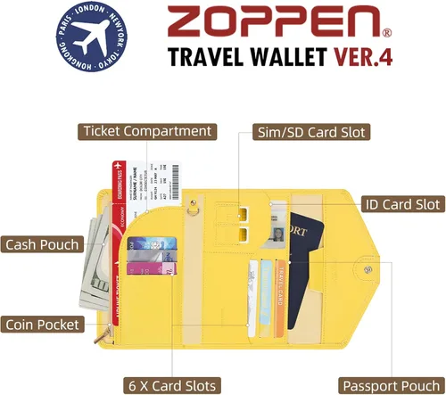 Vista 40 de Zoppen - Billetera de viaje con bloqueo RFID multiusos (Ver.4) Portatarjetas de pasaporte y vacunas, organizador de documentos de tres pliegues