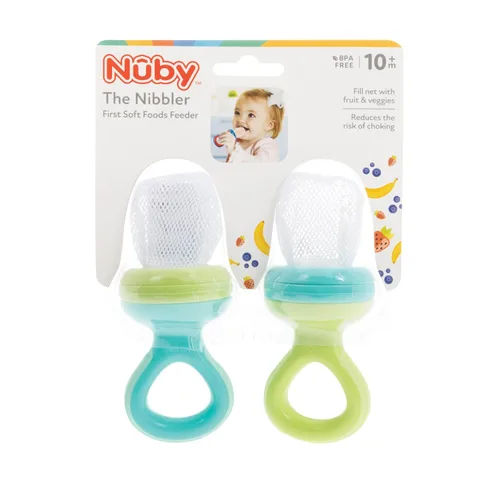 Vista 3 de Nuby Nibbler Mesh First - Comedero de alimentos suaves, 2 unidades, aguamarina y verde
