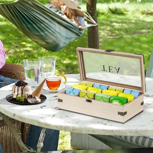 Vista 5 de Caja de té, organizador y almacenamiento de té de madera, 12 SMOKY