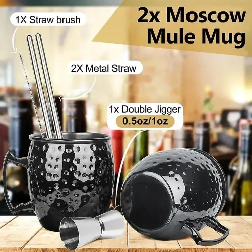 Vista 3 de Moscow Mule - Juego de 2 tazas grandes forradas de acero inoxidable de 18 onzas, tazas martilladas seguras para alimentos, para bebidas frías frías