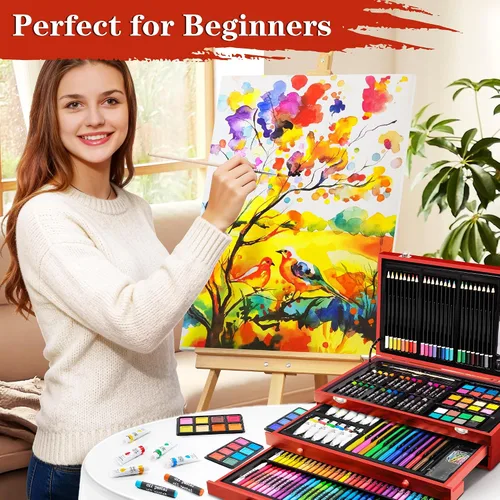 Vista 6 de POPYOLA Suministros de arte, juego de arte de lujo de 269 piezas con 6 blocs de dibujo, pinturas de acuarela, crayones y lápices