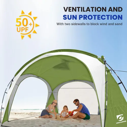 Vista 2 de UNICAMPER Tienda de playa de 12 x 12 pies, toldo desplegable grande UPF50+ con pared lateral de 2 piezas, refugio solar resistente a la lluvia