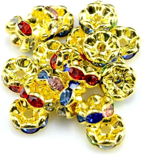 Vista 32 de RUBYCA 100 unidades de cuentas espaciadoras redondas estilo Rondelle en tono dorado de 10 mm, cristal checo AB blanco